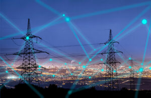 High power electricity poles in urban area connected to smart grid. Energy supply, distribution of energy, transmitting energy, energy transmission, high voltage supply concept photo.