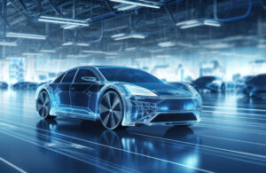 Automated robotics futuristic electric cars factory production line as wide banners with statistics of production and efficiency as wide banner with copy space area