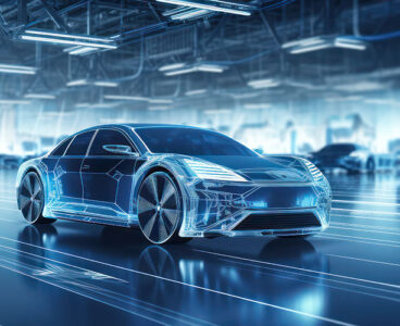 Automated robotics futuristic electric cars factory production line as wide banners with statistics of production and efficiency as wide banner with copy space area