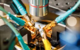 In Matt Eichenfield's lab at Sandia National Laboratories, he and his team utilize various microwave frequencies to analyze a nonlinear phononic mixing device they constructed on a silicon wafer