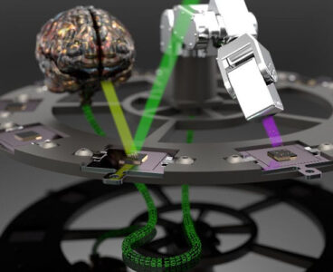 The system places a new material onto a base material (purple beam, right) as the last sample that was made is analyzed and sent to the AI (green beams, brain, left). The AI tells the pulsed laser deposition machine what to do next.