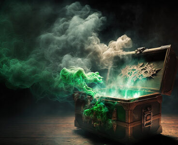 open pandora's box with green smoke on a wooden background. Digital illustration. AI