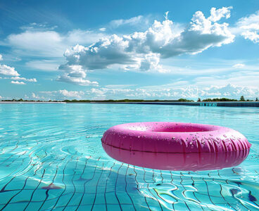 Pink floatie drifting in water, sky blue, clouds above.