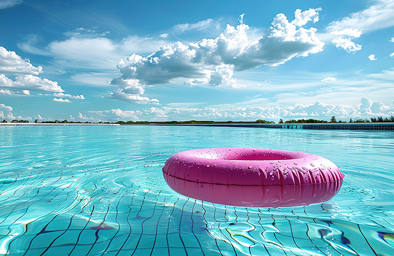 Pink floatie drifting in water, sky blue, clouds above.