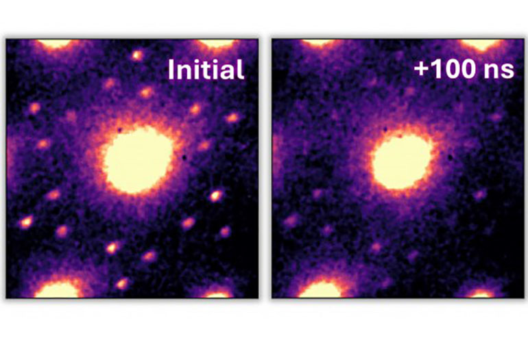 Comparison of diffraction patterns before and after a 20-nanosecond electrical pulse, showing a star-shaped pattern of small white spots initially.