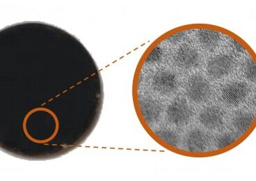 Microscopic image of uniformly sized quantum dots arranged in a regular pattern.