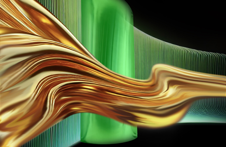 Illustration of ultracold atoms (gold) flowing frictionlessly along a laser boundary (green), representing the quantum phenomenon of edge states.