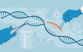 Scientists analyzing DNA helix and editing genome within organisms, CRISPR technology