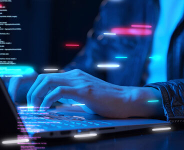 Business man using computer hand close up futuristic cyber space