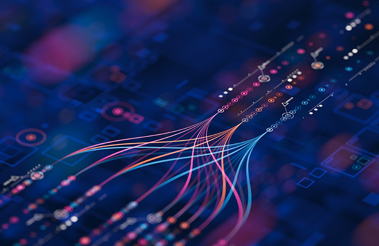 Big data technology Data science analysing artificial intelligence generative AI deep learning machine learning algorithm Neural flow network analytics innovation abstract futuristic. 3d rendering.