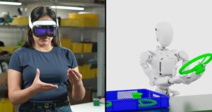 The image illustrates NVIDIA's Isaac GR00T technology, showing a human operator using a VR headset to demonstrate movements that are mirrored by a humanoid robot in a simulated environment. The demonstration showcases teleoperator-based synthetic motion generation for training next-generation robotic systems.