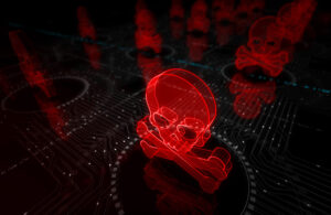 Skull pirate, online cyberattack, hack, threat and breach security symbol digital concept. Network, cyber technology and computer background abstract 3d illustration.