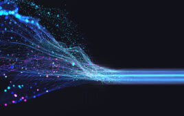 Neural network 3D illustration. Big data and cybersecurity. Data stream. Global database and artificial intelligence. Bright, colorful background with bokeh effect
