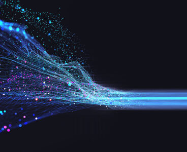 Neural network 3D illustration. Big data and cybersecurity. Data stream. Global database and artificial intelligence. Bright, colorful background with bokeh effect
