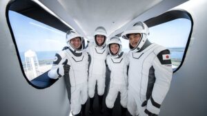 Roscosmos cosmonaut Kirill Peskov, NASA astronauts Anne McClain and Nichole Ayers with JAXA astronaut Takuya Onishi arrived at NASA’s Kennedy Space Center in Florida on March 7, 2025, to begin final preparations for their upcoming mission to the International Space Station.