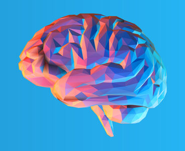 Colorful low poly side view brain illustration isolated on blue background