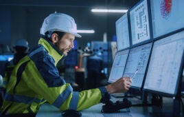 Industry 4.0 Modern Factory: Facility Operator Controls Workshop Production Line, Uses Computer with Screens Showing Complex UI of Machine Operation Processes, Controllers, Machinery Blueprints