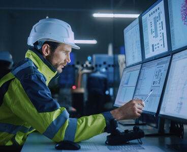 Industry 4.0 Modern Factory: Facility Operator Controls Workshop Production Line, Uses Computer with Screens Showing Complex UI of Machine Operation Processes, Controllers, Machinery Blueprints