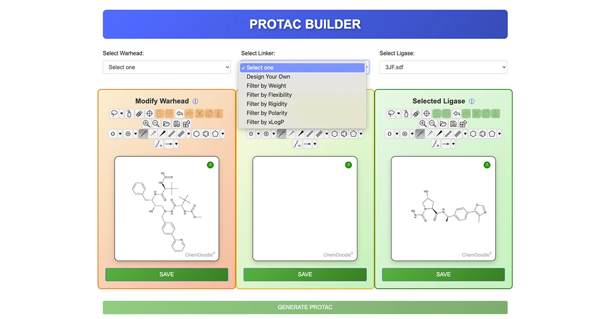 The PROTAC Builder represents the starting point of the accelerated workflow. Developed in-house at the University of Miami, it allows rapid design of potential HIV drug candidates before they undergo computationally intensive molecular dynamics simulations for research, drastically sped up by the ALAFIA AIVAS supercomputer.