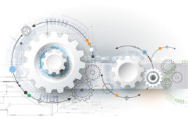 Vector illustration gear wheel, hexagons and circuit board, Hi-tech digital technology and engineering, digital telecom technology concept. Abstract futuristic on light blue color background