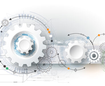 Vector illustration gear wheel, hexagons and circuit board, Hi-tech digital technology and engineering, digital telecom technology concept. Abstract futuristic on light blue color background