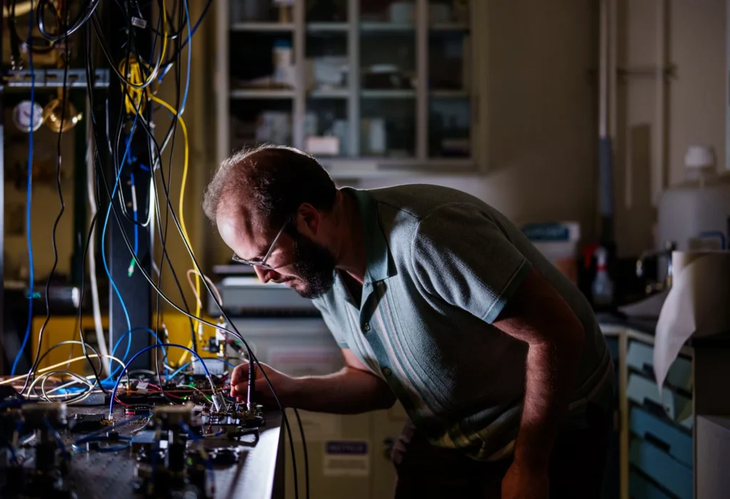 Truman Fellow Dan Herman adjusts the current of an optical amplifier within an electro-optic frequency comb system.Photo by Craig Fritz