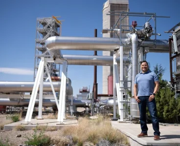Sandia National Laboratories’ Kenneth Armijo, project lead, stands beside the Sandia Molten Salt Test Loop, the world’s largest lab-scale molten salt testing facility. (Photo by David Lienemann)