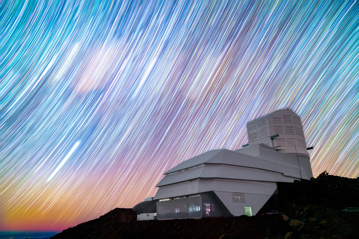 Star trails over Rubin Observatory dome