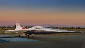 NASA’s X-59 quiet supersonic jet at dawn outside Lockheed Martin’s Skunk Works in Palmdale, California.