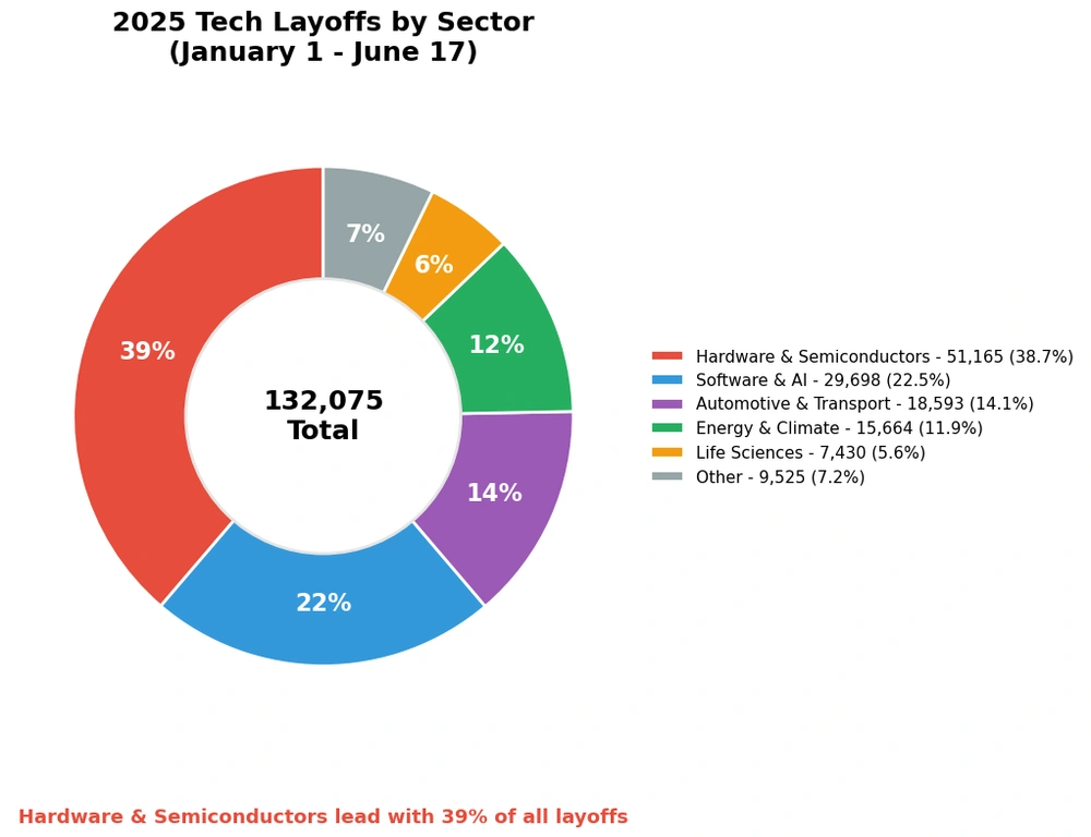 2025 tech layoffs by sector reveal hardware's unprecedented dominance, accounting for 39% of the 132,075 total job cuts tracked.