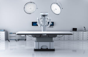 3d rendering surgery room with robotic surgery and empty bed