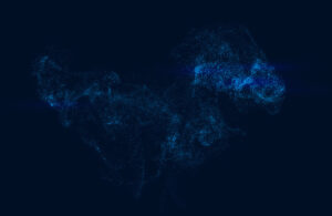 Abstract particles fluid on blue background. Data navigation.