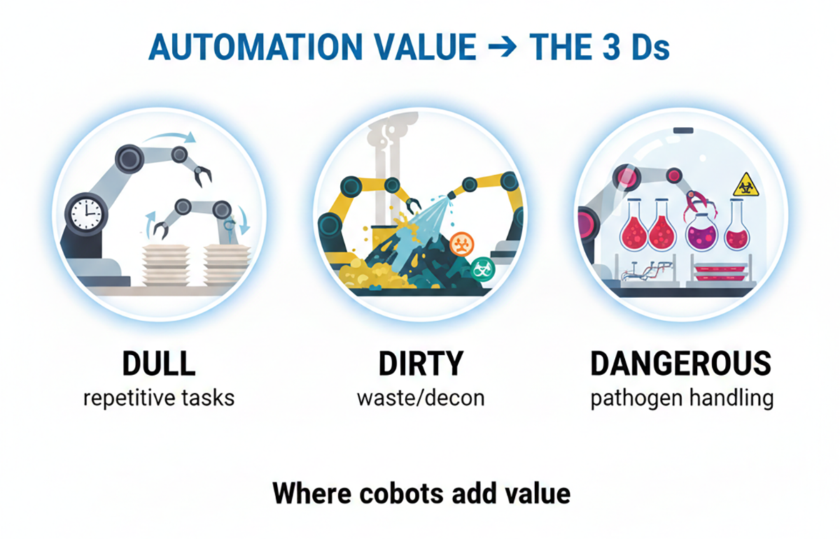 Cobots excel at tasks humans would rather avoid: repetitive motions that cause strain injuries, waste handling and decontamination, and work involving pathogen exposure or hazardous chemicals. Automating the "3 Ds" frees skilled staff for analytical work while improving safety and reproducibility.