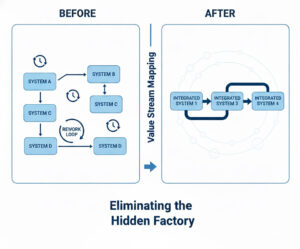 The "hidden factory" refers to invisible waste embedded in lab workflows: rework loops, wait times between systems, and redundant handoffs that consume resources without adding value. Value Stream Mapping exposes these inefficiencies so teams can redesign around integrated, continuous flow.
