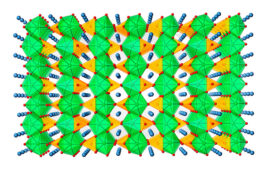 Lithium iron phosphate (LFP) is a mineral of the olivine family. LFP is one of the materials used as the cathode in a lithium ion battery. The structure of LFP includes Fe(III)O6 octahedra (green) sharing bridged oxygen atoms (red) with tetrahedral phosphate groups (PO4, orange). The channels formed by the interlocking polyhedra are filled with rows of Li(+) ions (gray). (The anode of a lithium ion battery is carbon graphite with intercalated lithium ions. LFP batteries deliver a constant voltage of ~3.2 V over entire life of the battery. They are particularly well-suited for electric vehicles because the high discharge rates for these batteries are need for acceleration. LFP batteries are also lower in weight and have longer lifetimes than other Li ion batteries.