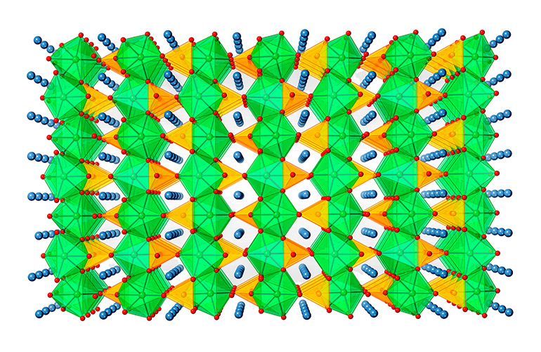 Lithium iron phosphate (LFP) is a mineral of the olivine family. LFP is one of the materials used as the cathode in a lithium ion battery. The structure of LFP includes Fe(III)O6 octahedra (green) sharing bridged oxygen atoms (red) with tetrahedral phosphate groups (PO4, orange). The channels formed by the interlocking polyhedra are filled with rows of Li(+) ions (gray). (The anode of a lithium ion battery is carbon graphite with intercalated lithium ions. LFP batteries deliver a constant voltage of ~3.2 V over entire life of the battery. They are particularly well-suited for electric vehicles because the high discharge rates for these batteries are need for acceleration. LFP batteries are also lower in weight and have longer lifetimes than other Li ion batteries.