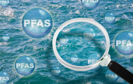 PFAS Contamination - Alertness about dangerous PFAS per-and polyfluoroalkyl substances into the sea waters - They are now everywhere, so much so that they have even been found in marine aerosol - Concept with magnifying glass