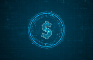 Blue digital money logo with rotation HUD UI circle technology interface and futuristic elements abstract background crypto currency finance and digital money concepts