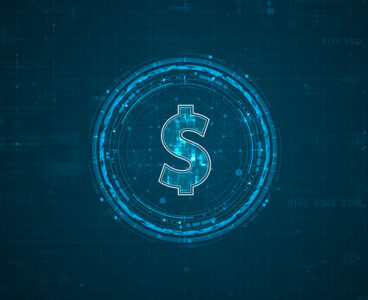 Blue digital money logo with rotation HUD UI circle technology interface and futuristic elements abstract background crypto currency finance and digital money concepts