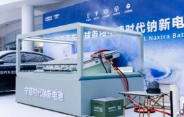 CATL's Naxtra sodium-ion battery pack on display at the February 5, 2026 launch event with Changan Automobile. The arctic staging reflects the battery's cold-weather performance claims: nearly triple the discharge power of equivalent LFP cells at –30°C. (Image: CATL)