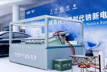 CATL's Naxtra sodium-ion battery pack on display at the February 5, 2026 launch event with Changan Automobile. The arctic staging reflects the battery's cold-weather performance claims: nearly triple the discharge power of equivalent LFP cells at –30°C. (Image: CATL)