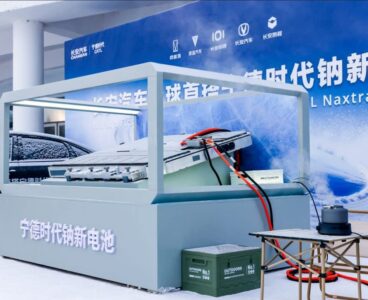 CATL's Naxtra sodium-ion battery pack on display at the February 5, 2026 launch event with Changan Automobile. The arctic staging reflects the battery's cold-weather performance claims: nearly triple the discharge power of equivalent LFP cells at –30°C. (Image: CATL)