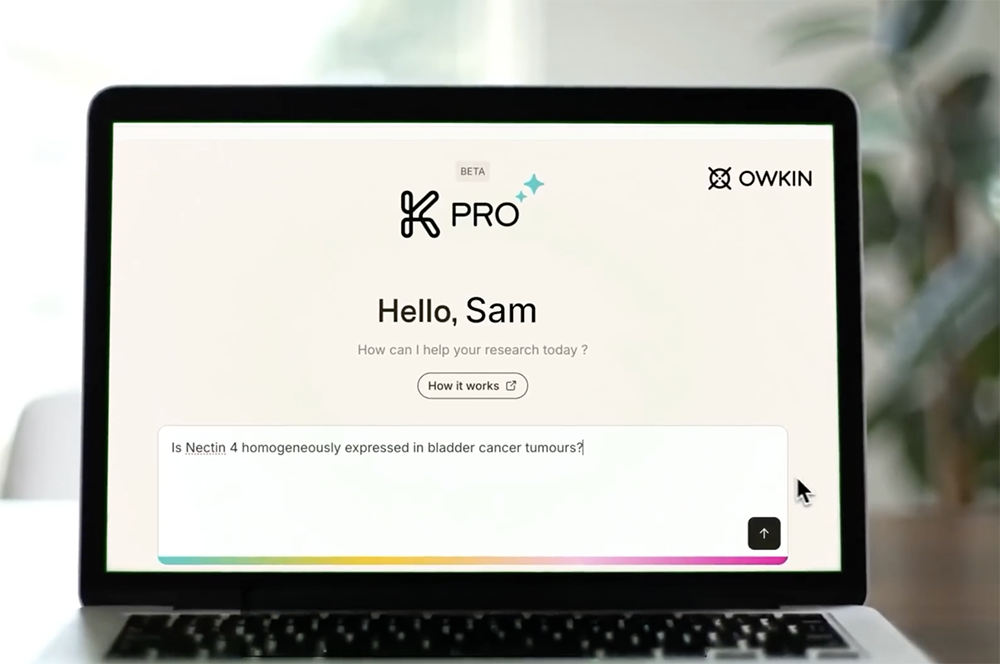 Owkin's K Pro copilot, shown here in a product demo, allows researchers to query biological datasets in natural language. The example query — about Nectin 4 expression in bladder cancer — illustrates the kind of translational research question the platform is designed to answer. (Image: Owkin, via YouTube)