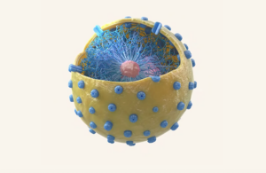 Image credit: Owkin. A 3D rendering of a biological cell from the company's homepage, where it animates to reveal layers of internal complexity.