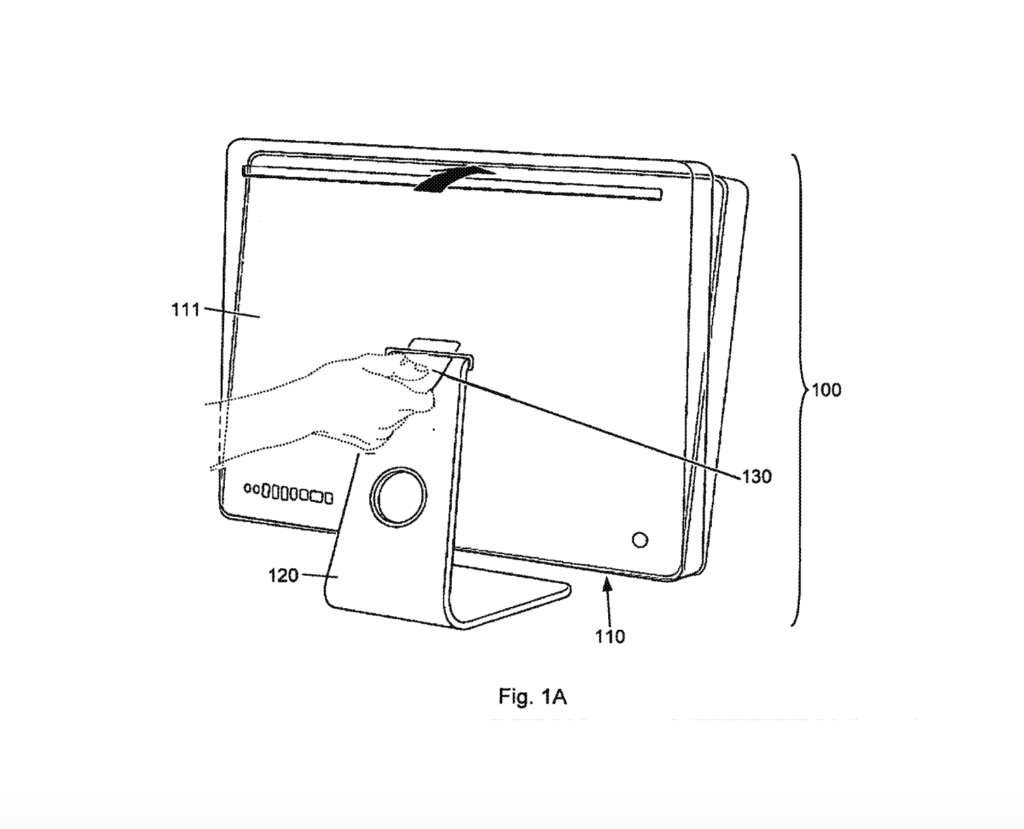 A flat panel display assembly with a hidden hinge mechanism, from U.S. Patent No. 8,230,553, co-invented by John Ternus. A user inserts a thin card (130) into the gap between the display (110) and stand (120) to unlock the hinge's stop mechanism, revealing otherwise hidden mounting hardware. [Image courtesy of USPTO]