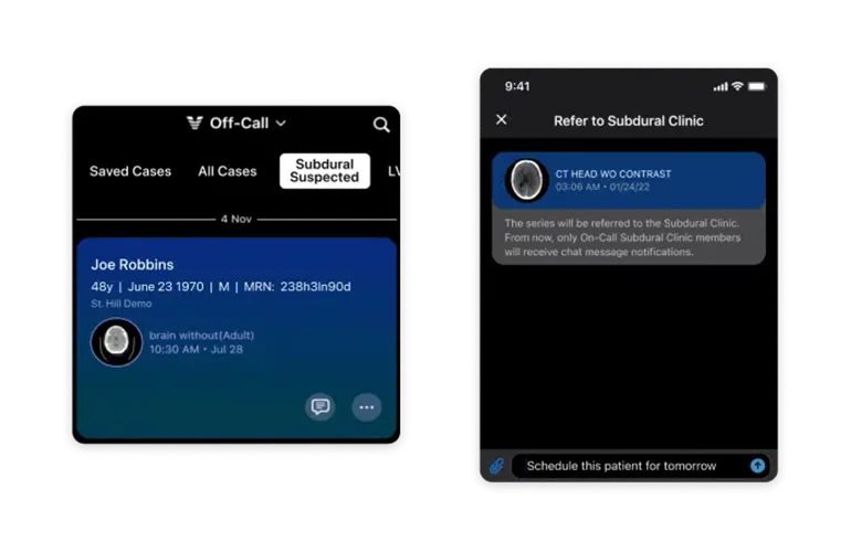 Screenshots of Viz.ai's software for detection of acute and chronic subdural hemorrhages. [Image courtesy of Viz.ai]