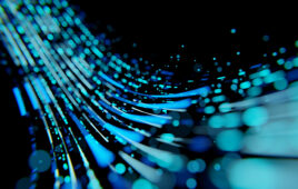 Abstract of modern high tech internet data center room with rows of racks with network and server hardware. 3d rendering