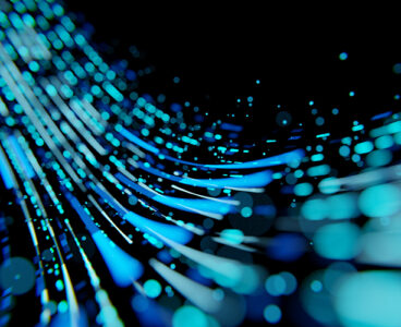 Abstract of modern high tech internet data center room with rows of racks with network and server hardware. 3d rendering