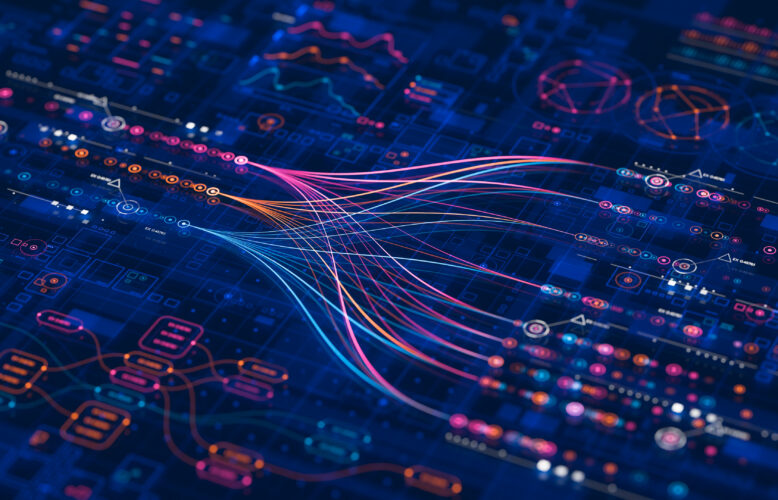 Big data technology Data science analysing artificial intelligence generative AI deep learning machine learning algorithm Neural flow network analytics innovation abstract futuristic. 3d rendering.