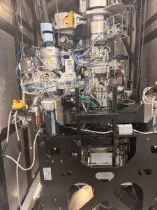 The interior of the Krios G4 cryo-TEM, showing the column and optical train behind the instrument's outer housing.